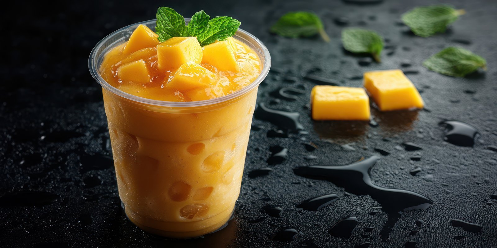 Refreshing mango smoothie served in a clear cup garnished with mint leaves and diced mango on a sleek dark surface